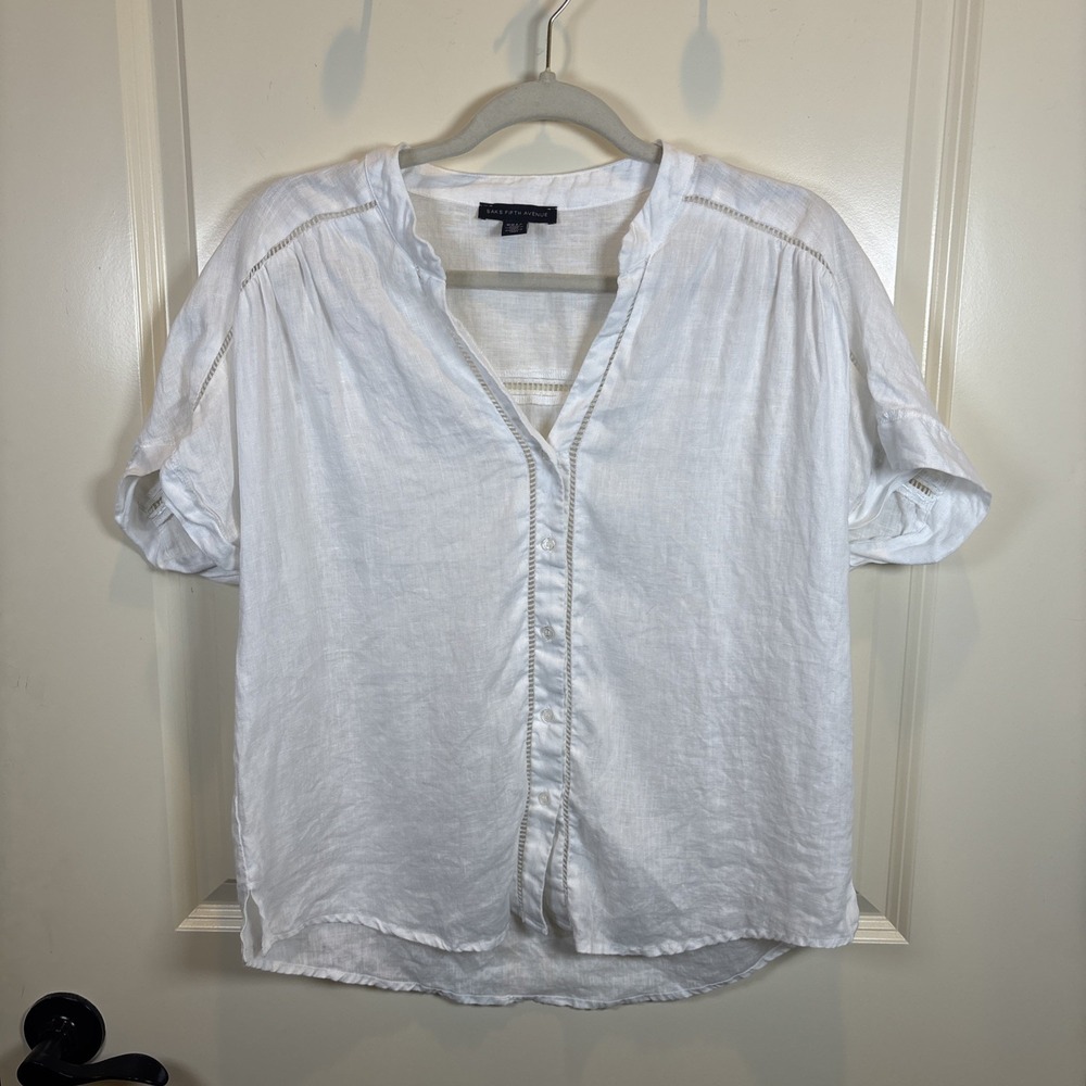 Saks Fifth Avenue 100% Linen Shirt Medium White Top Beachy Minimalist Cottage